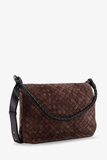 Bottega Veneta men’s brown intrecciato woven suede shoulder bag with black braided leather strap