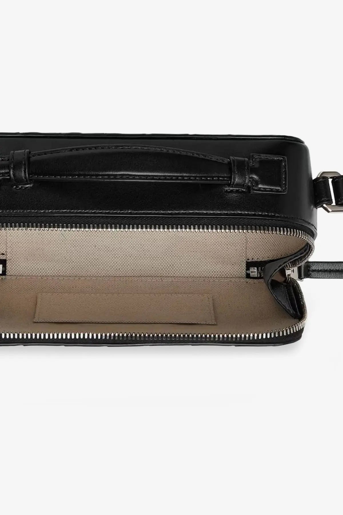 Bottega Veneta men’s black leather crossbody bag with sleek minimalist design and silver-toned zippers