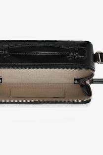 Bottega Veneta men’s black leather crossbody bag with sleek minimalist design and silver-toned zippers