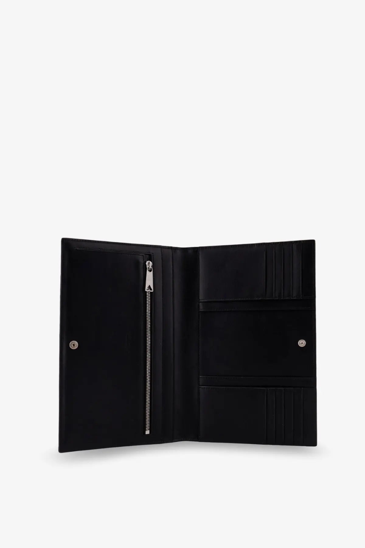 Bottega Veneta men’s leather clutch bag in black with silver zipper and metallic hardware showing the front side