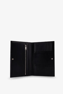 Bottega Veneta men’s leather clutch bag in black with silver zipper and metallic hardware showing the front side