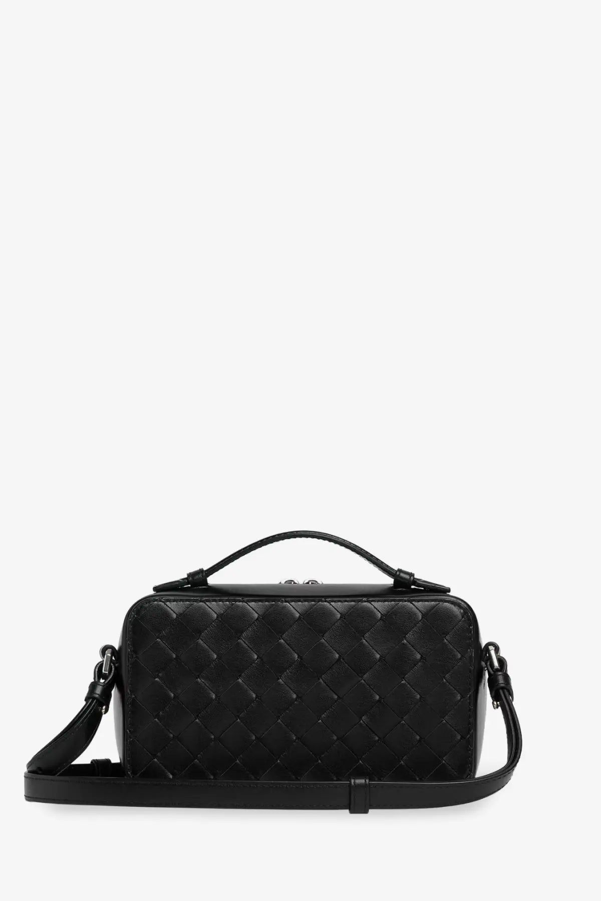 Bottega Veneta men’s black woven leather crossbody clutch bag with top handle and adjustable strap
