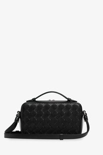 Bottega Veneta men’s black woven leather crossbody clutch bag with top handle and adjustable strap