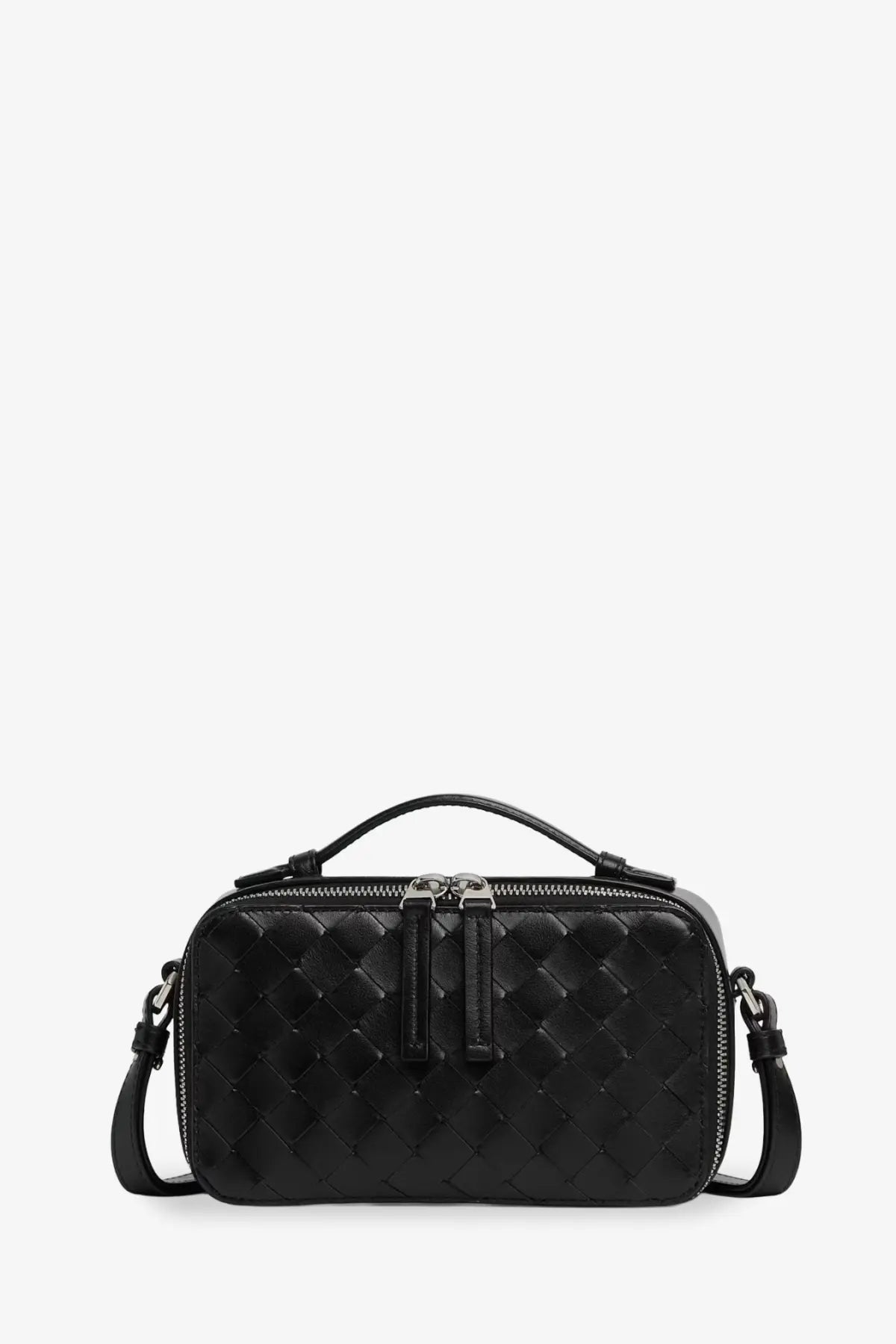 Bottega Veneta men’s black woven leather crossbody bag with top handle and adjustable strap for versatile carry