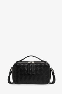 Bottega Veneta men’s black woven leather crossbody bag with top handle and adjustable strap for versatile carry