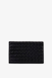 Bottega Veneta men’s black leather clutch bag with signature woven interlaced pattern in high-quality leather