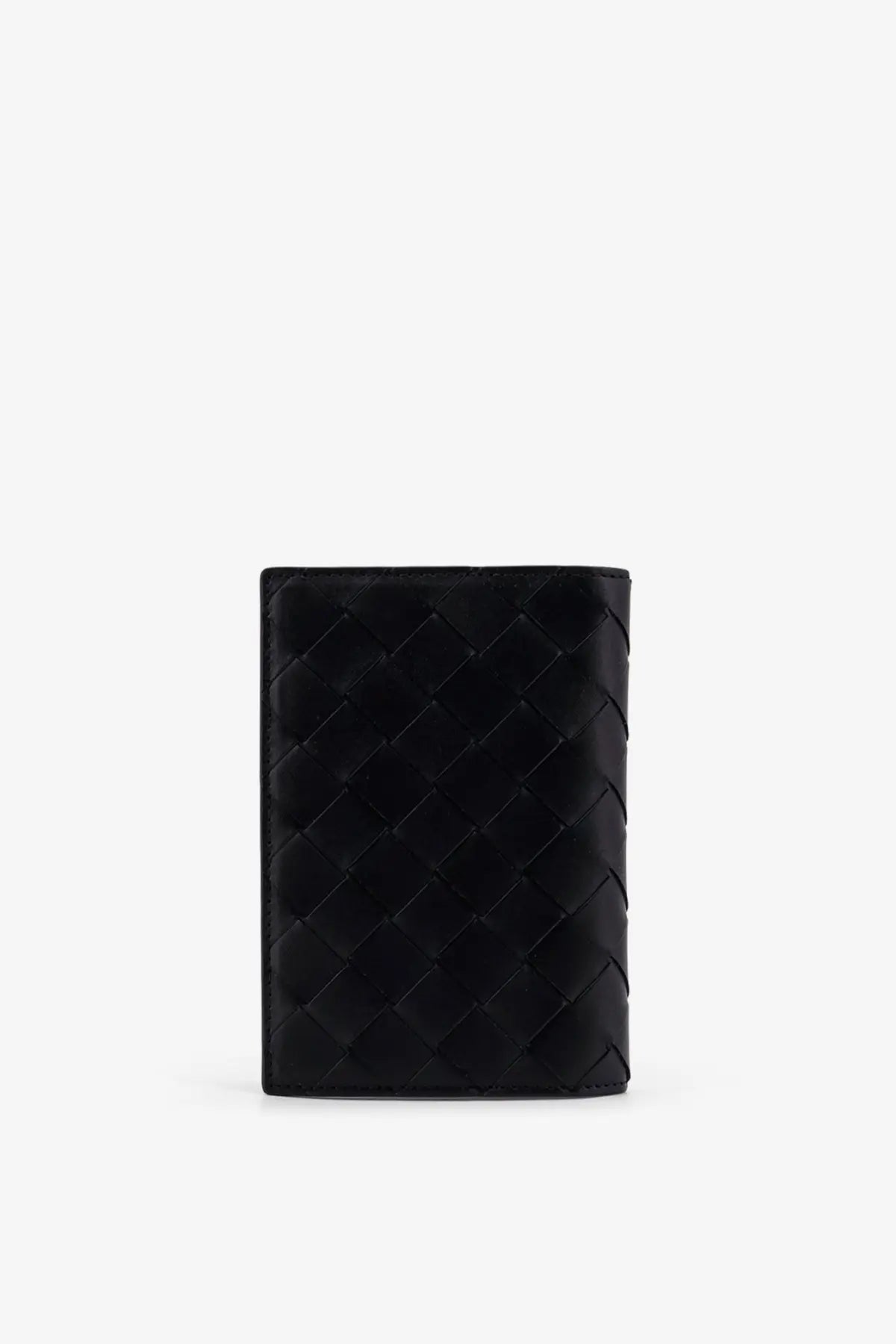 Black leather wallet with distinctive woven pattern by bottega veneta for men passport holder in black leather