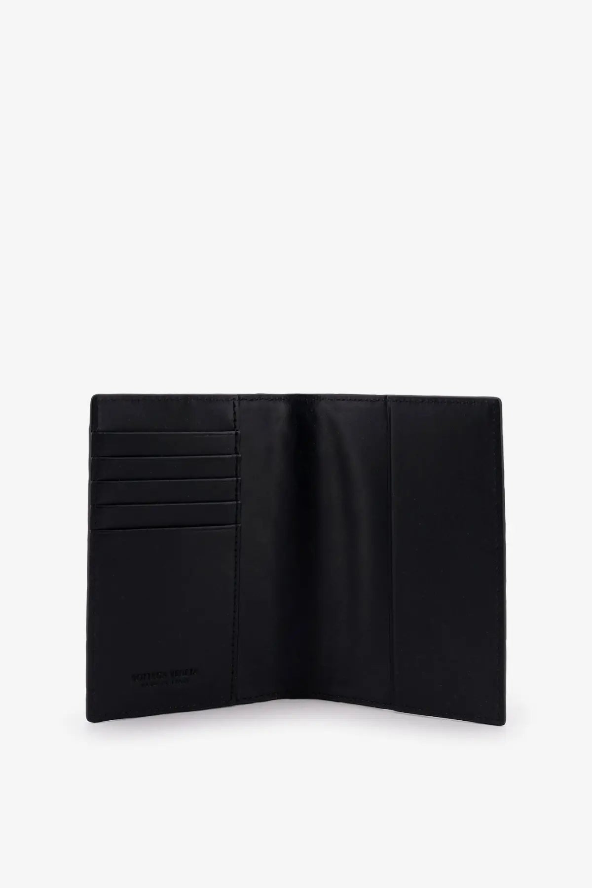 Bottega Veneta men’s black leather passport holder with multiple card slots and minimalist design