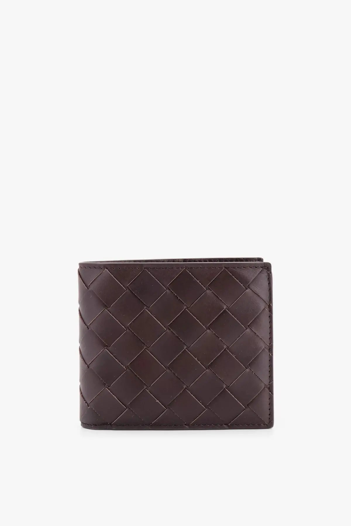Bottega Veneta men’s dark brown leather wallet with distinctive woven pattern and beige accents for everyday use