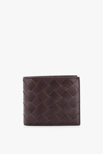 Bottega Veneta men’s dark brown leather wallet with distinctive woven pattern and beige accents for everyday use