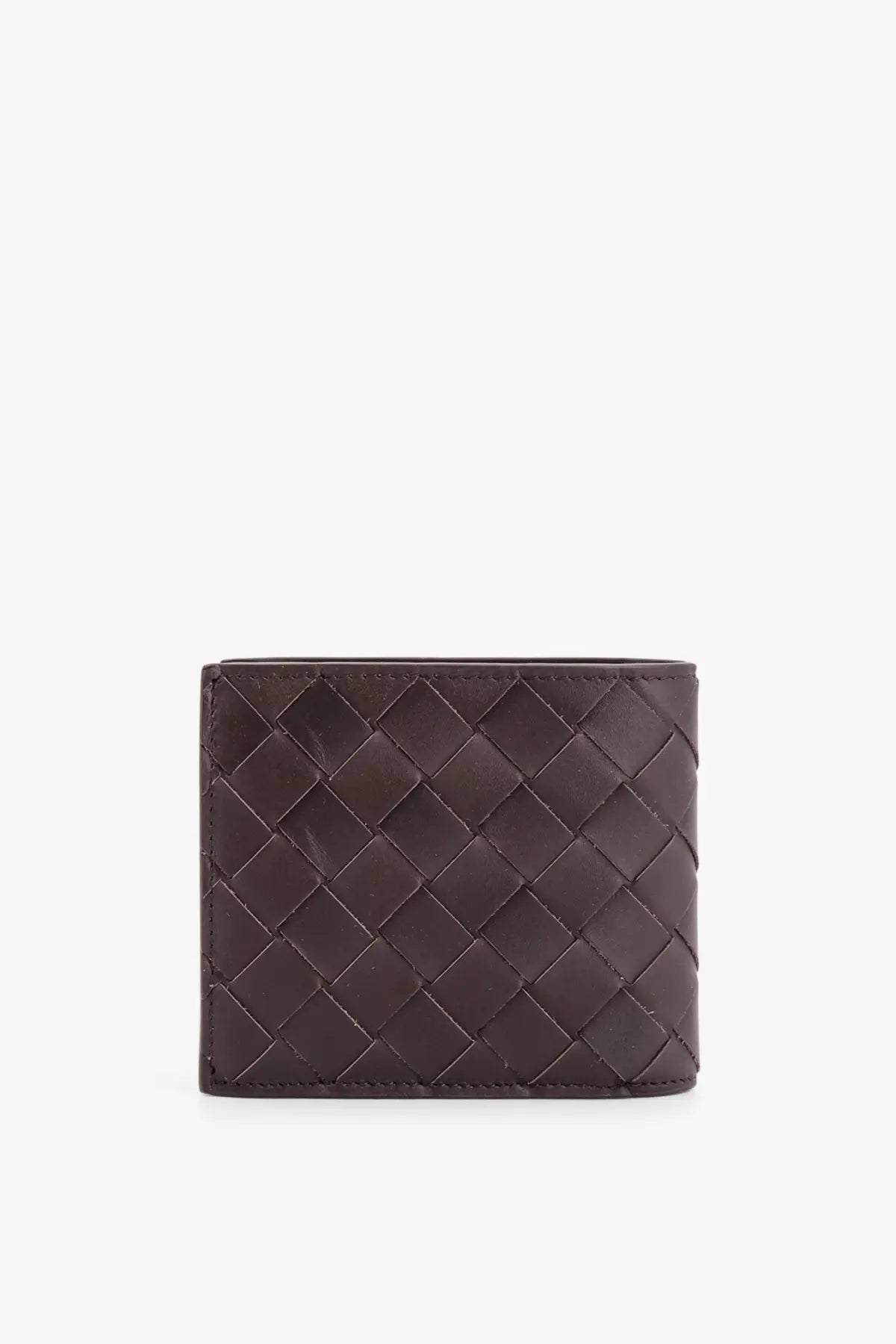 Bottega Veneta men’s dark brown leather wallet with distinctive woven pattern and beige interior and sides