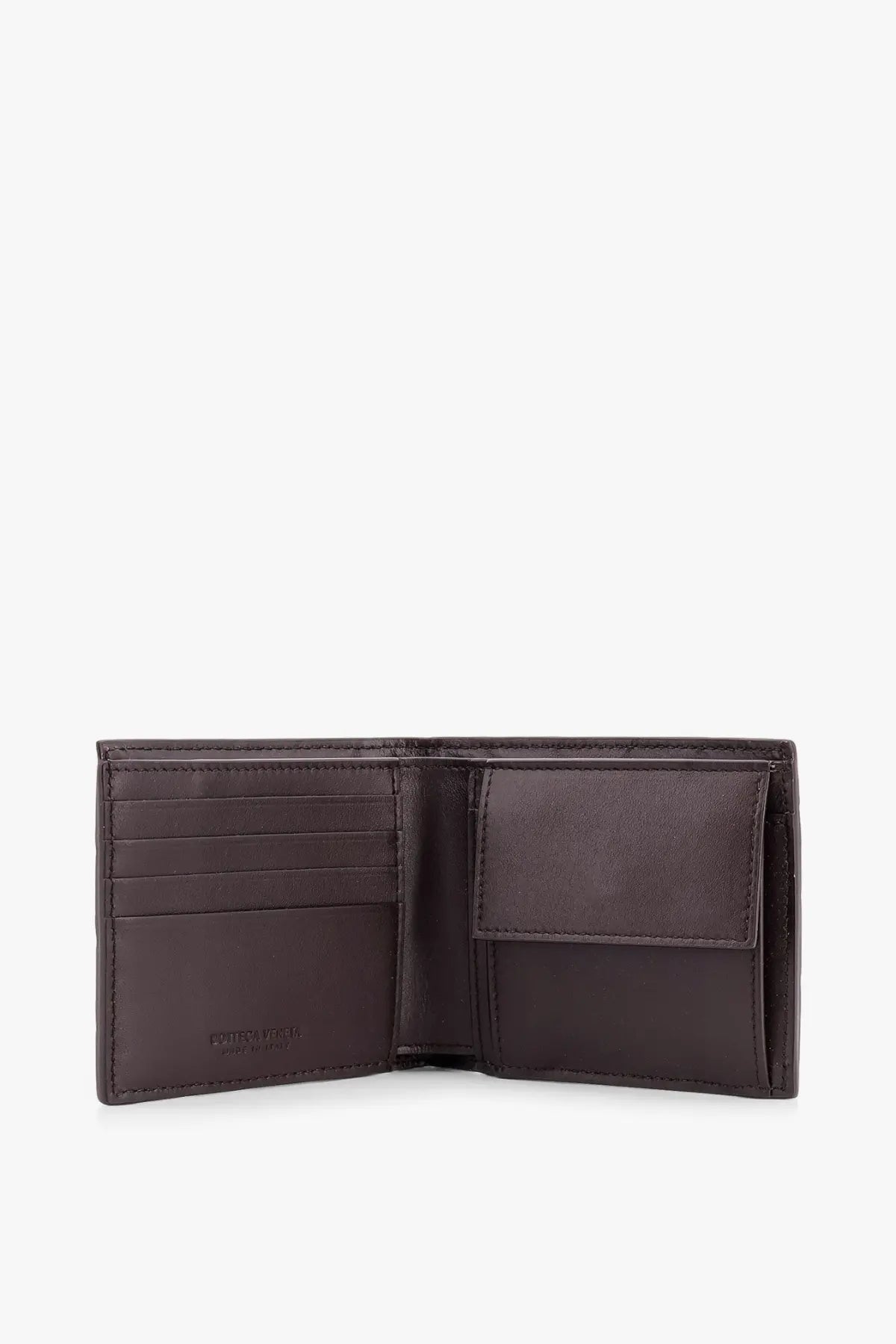 Bottega Veneta men’s beige leather wallet with dark brown multiple card slots and coin compartment