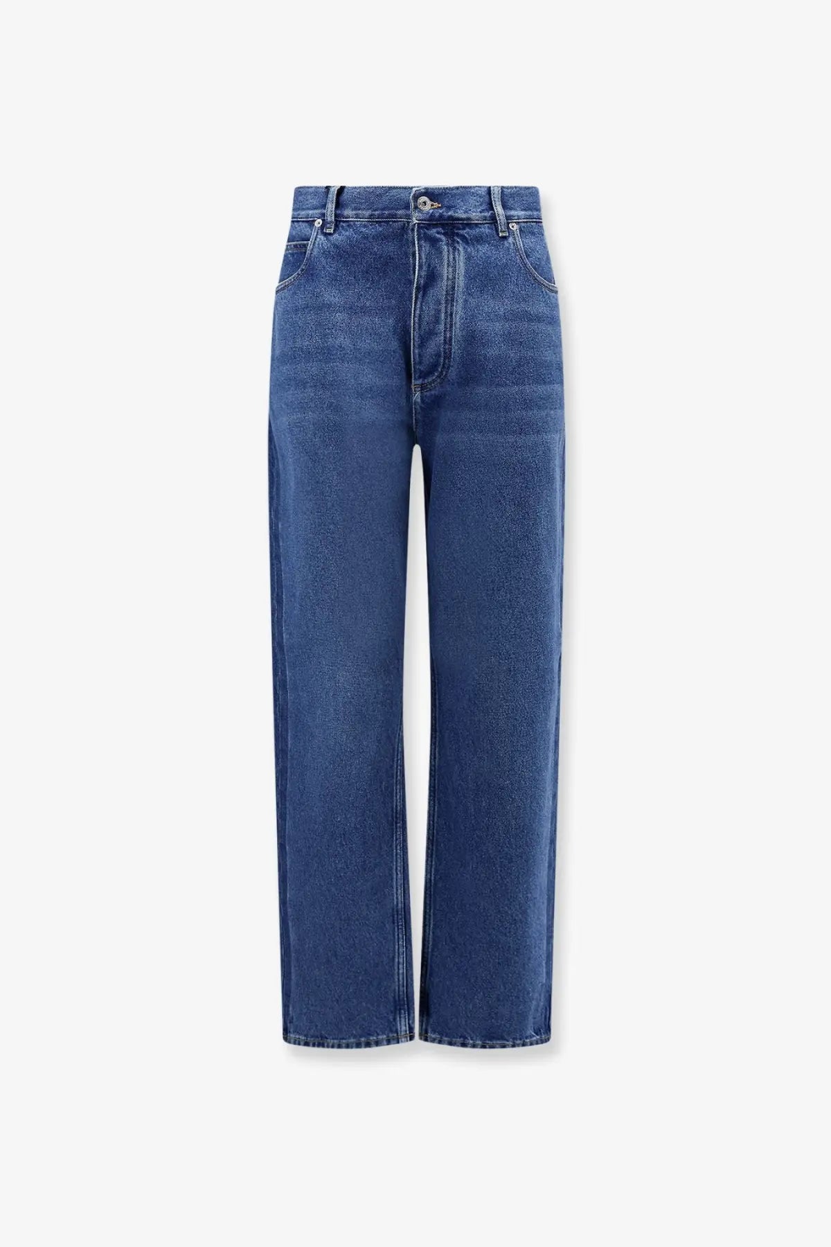 Bottega Veneta men’s medium indigo washed blue denim jeans with straight-leg cut and classic five-pocket design