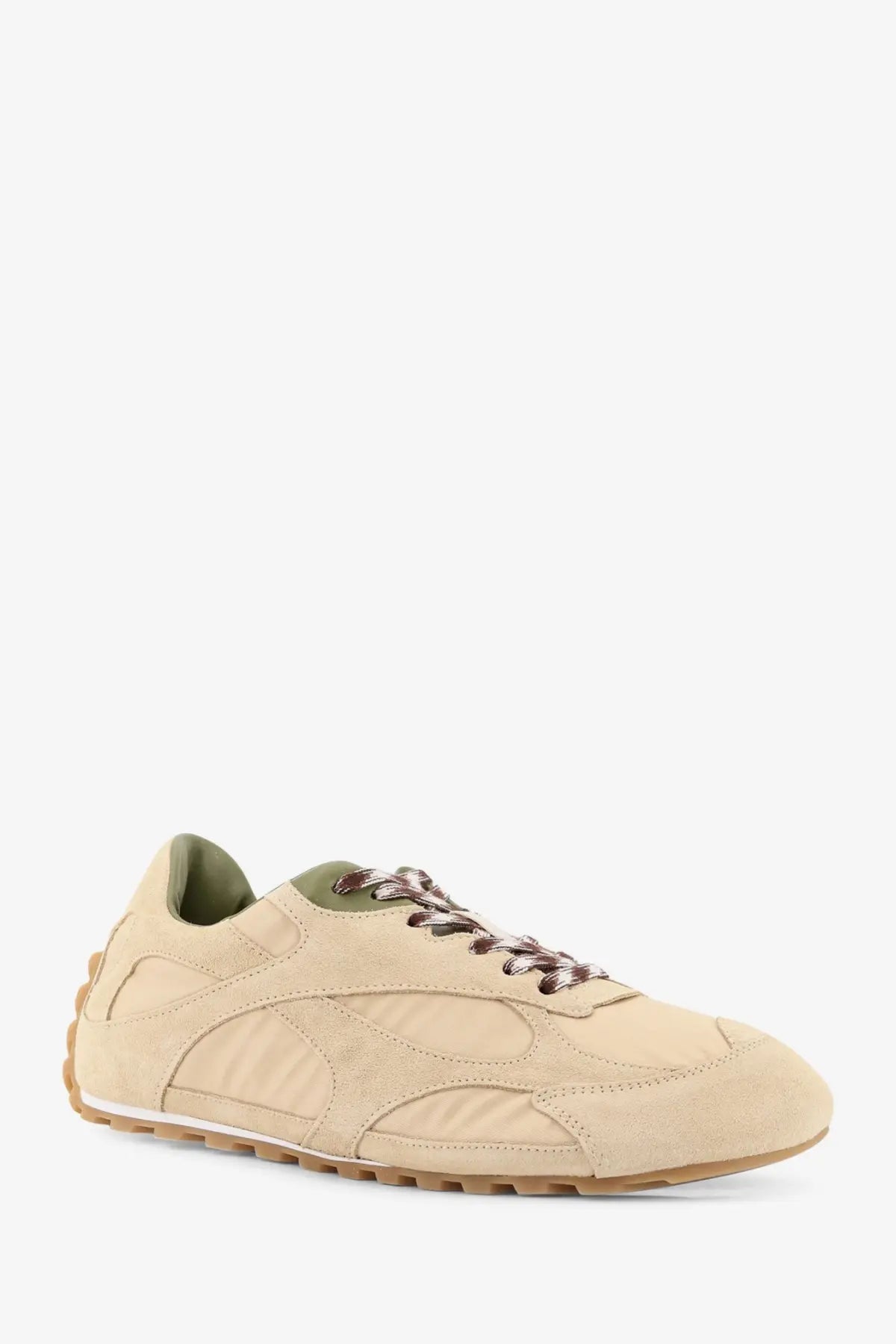 Bottega Veneta men’s orbit flash beige suede sneaker with olive green lining and brown laces in front view