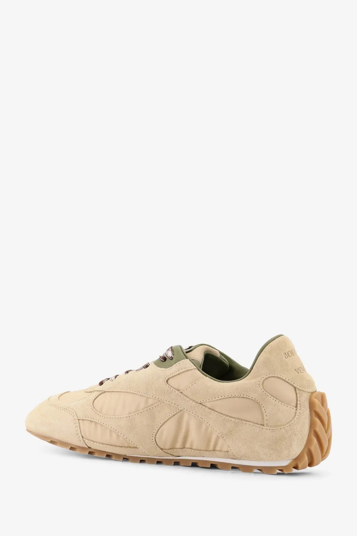 Bottega Veneta men’s orbit flash beige suede sneaker with olive green accents and textured rubber sole