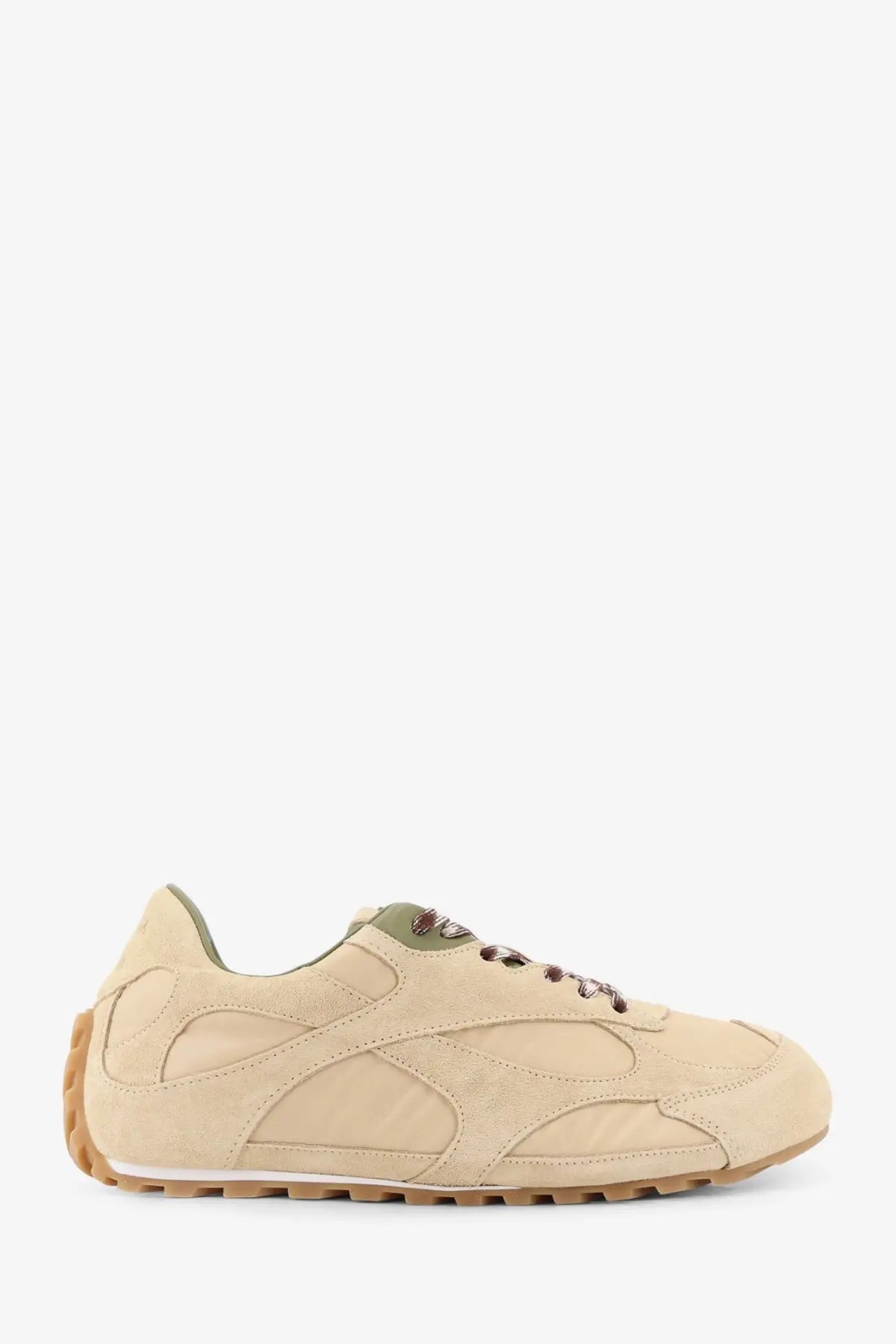 Bottega Veneta men’s orbit flash beige suede sneaker with olive green accents and textured rubber sole visible from back