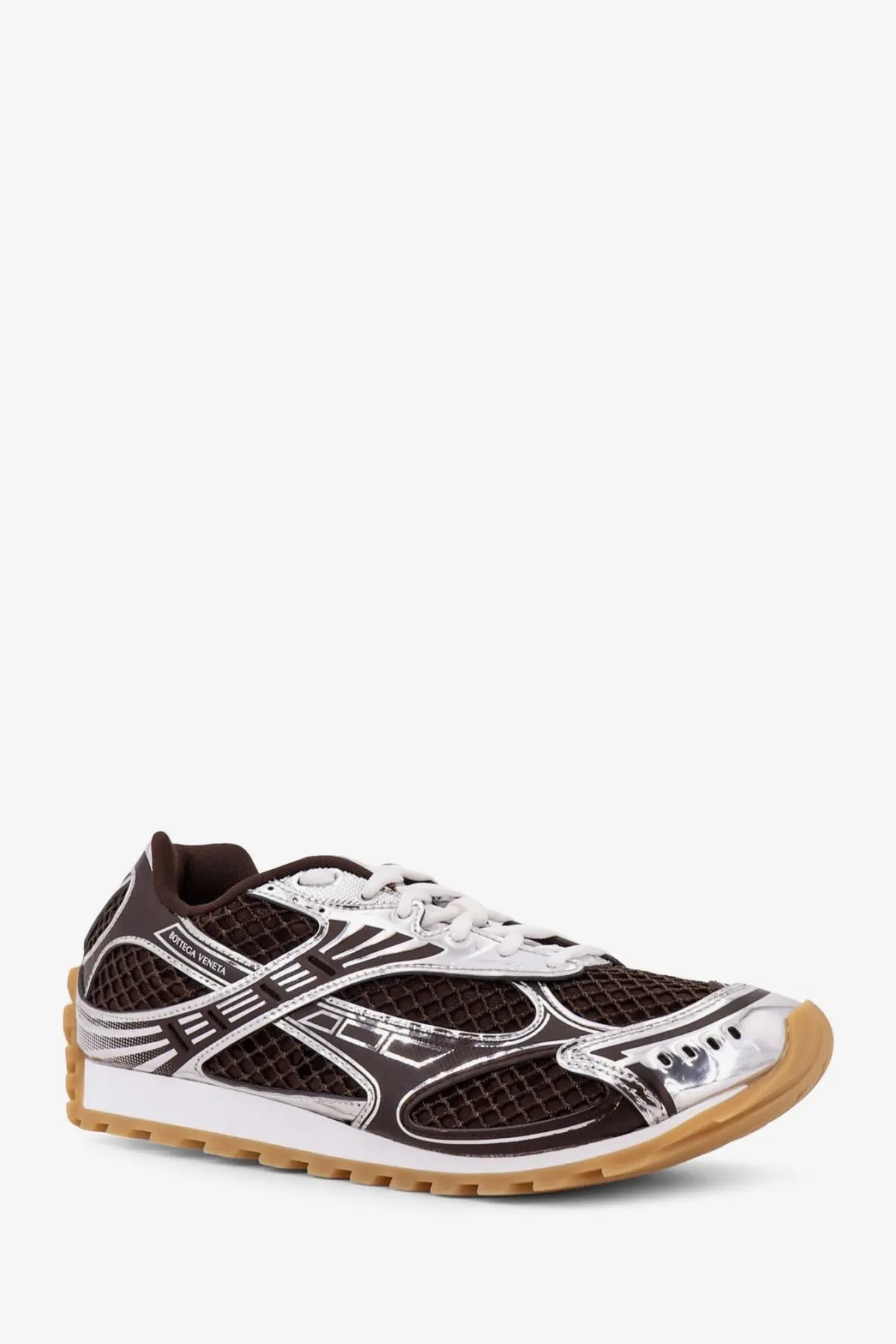 Bottega Veneta men’s orbit mesh sneakers brown with brown and silver mesh, reflective metallic accents, and tan rubber sole