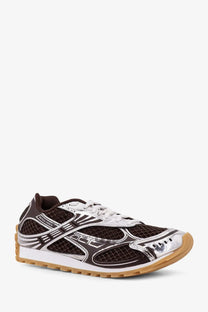 Bottega Veneta men’s orbit mesh sneakers brown with brown and silver mesh, reflective metallic accents, and tan rubber sole