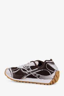 Bottega Veneta men’s orbit mesh sneakers in brown and silver with gum rubber sole and breathable mesh material