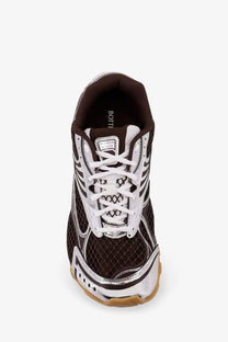 Bottega veneta men’s orbit mesh sneakers in brown and white with silver accents and a chunky sole featuring the brand name