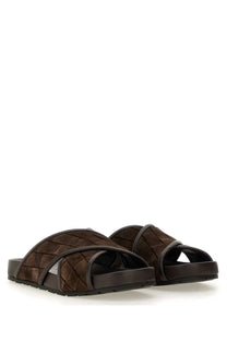 Bottega veneta men’s sandal tarik brown with brown leather woven texture and cross over slide straps