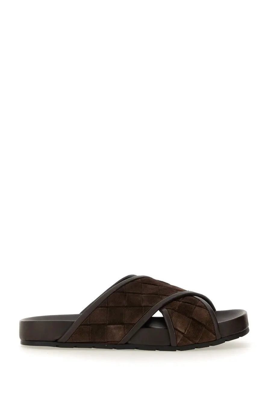 Brown woven leather slide sandal with flat sole by bottega veneta men’s sandal tarik brown