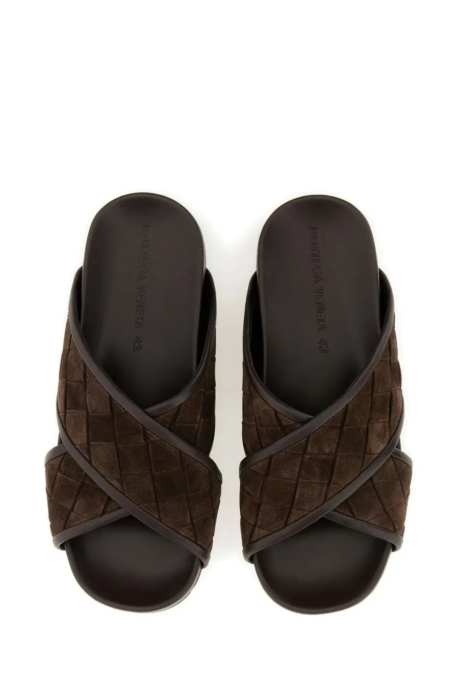 Bottega Veneta men’s sandal tarik brown brown woven suede slide with cross-over design and black rubber sole
