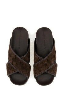 Bottega Veneta men’s sandal tarik brown brown woven suede slide with cross-over design and black rubber sole