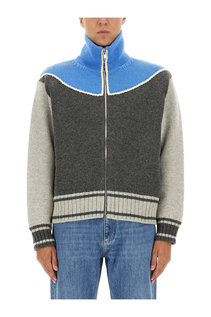 Bottega veneta men’s color-blocked knit zip-up sweater with bright blue collar gray body and white trim