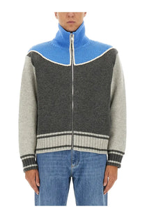 Bottega veneta men’s color-blocked knit zip-up sweater with bright blue collar gray body and white trim