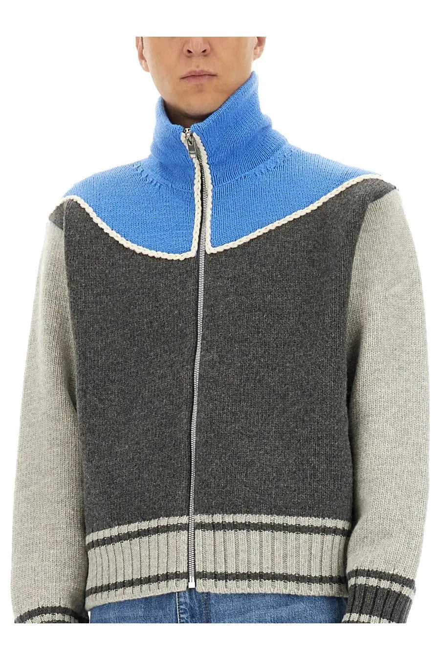 Bottega Veneta men’s color-blocked knit zip-up sweater with bright blue collar dark gray torso and light gray sleeves
