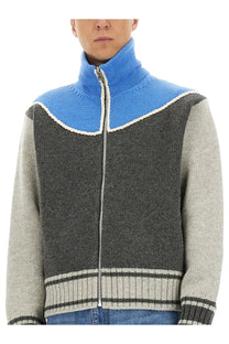 Bottega Veneta men’s color-blocked knit zip-up sweater with bright blue collar dark gray torso and light gray sleeves