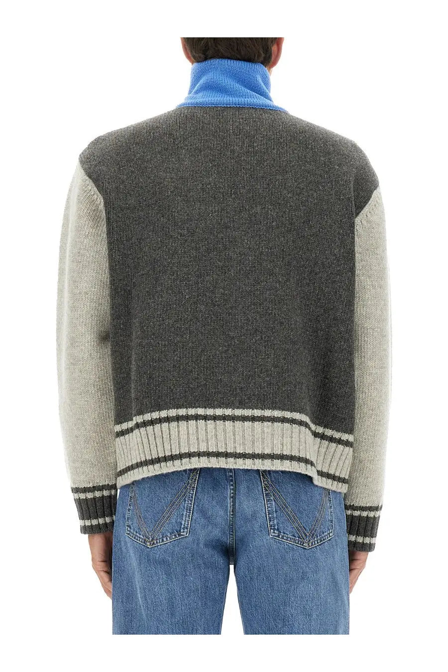 Bottega Veneta men’s shirt multicolor gray and beige knit sweater with ribbed cuffs hem and blue turtleneck collar