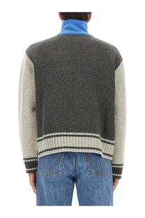 Bottega Veneta men’s shirt multicolor gray and beige knit sweater with ribbed cuffs hem and blue turtleneck collar