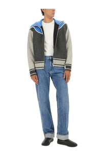 Bottega Veneta men’s color-blocked knit hoodie with blue hood gray body and black stripe cuffs and hem