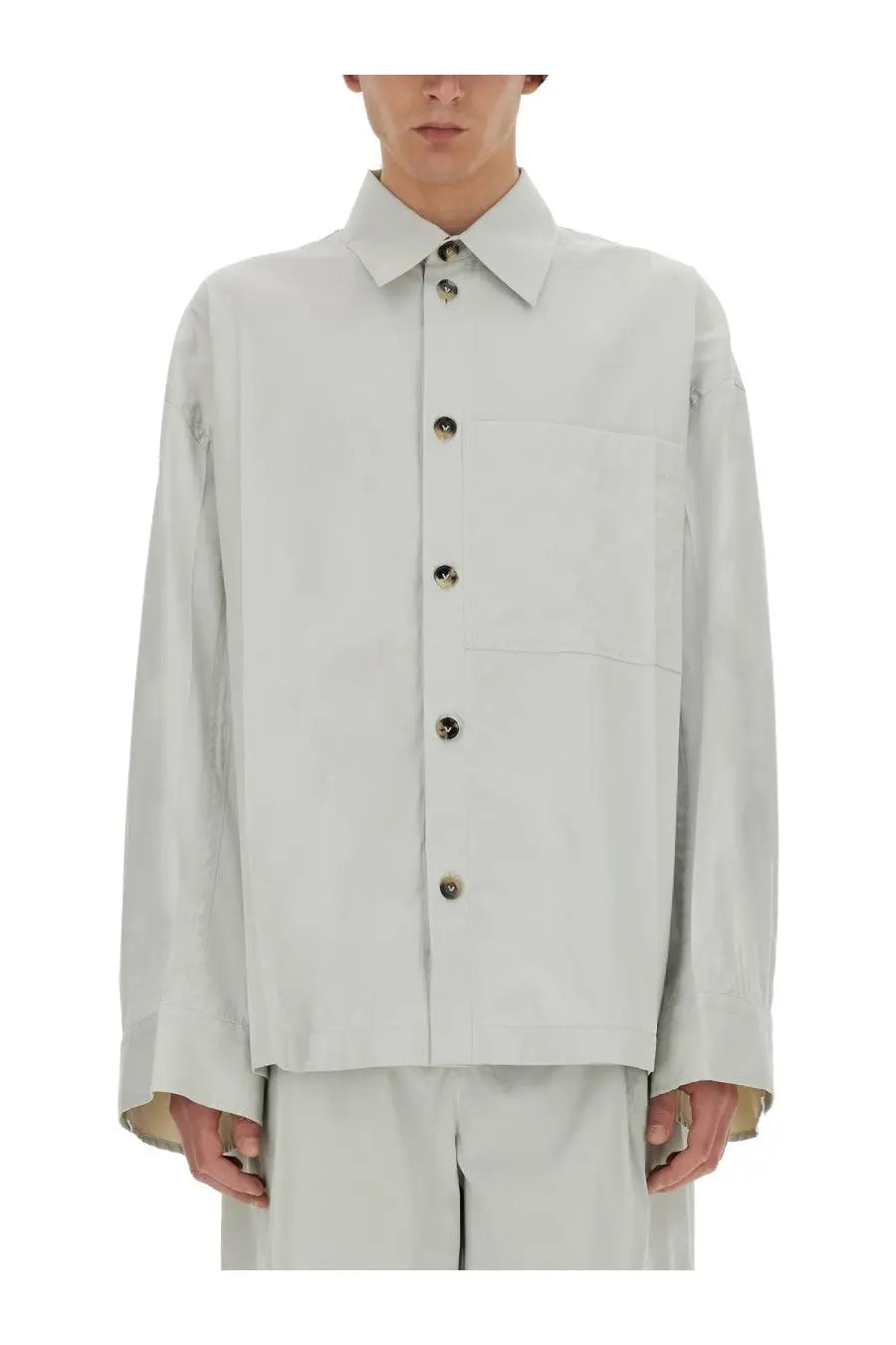 Bottega Veneta men’s beige silk button-up shirt with structured collar and dark metallic buttons