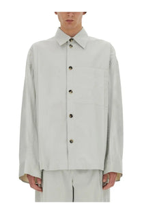 Bottega Veneta men’s beige silk button-up shirt with structured collar and dark metallic buttons