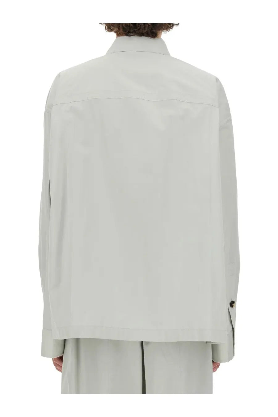 Bottega veneta men’s silk shirt beige featuring a minimalist off-white cotton jacket with structured collar and seam detailing