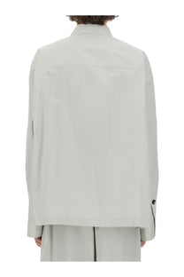 Bottega veneta men’s silk shirt beige featuring a minimalist off-white cotton jacket with structured collar and seam detailing