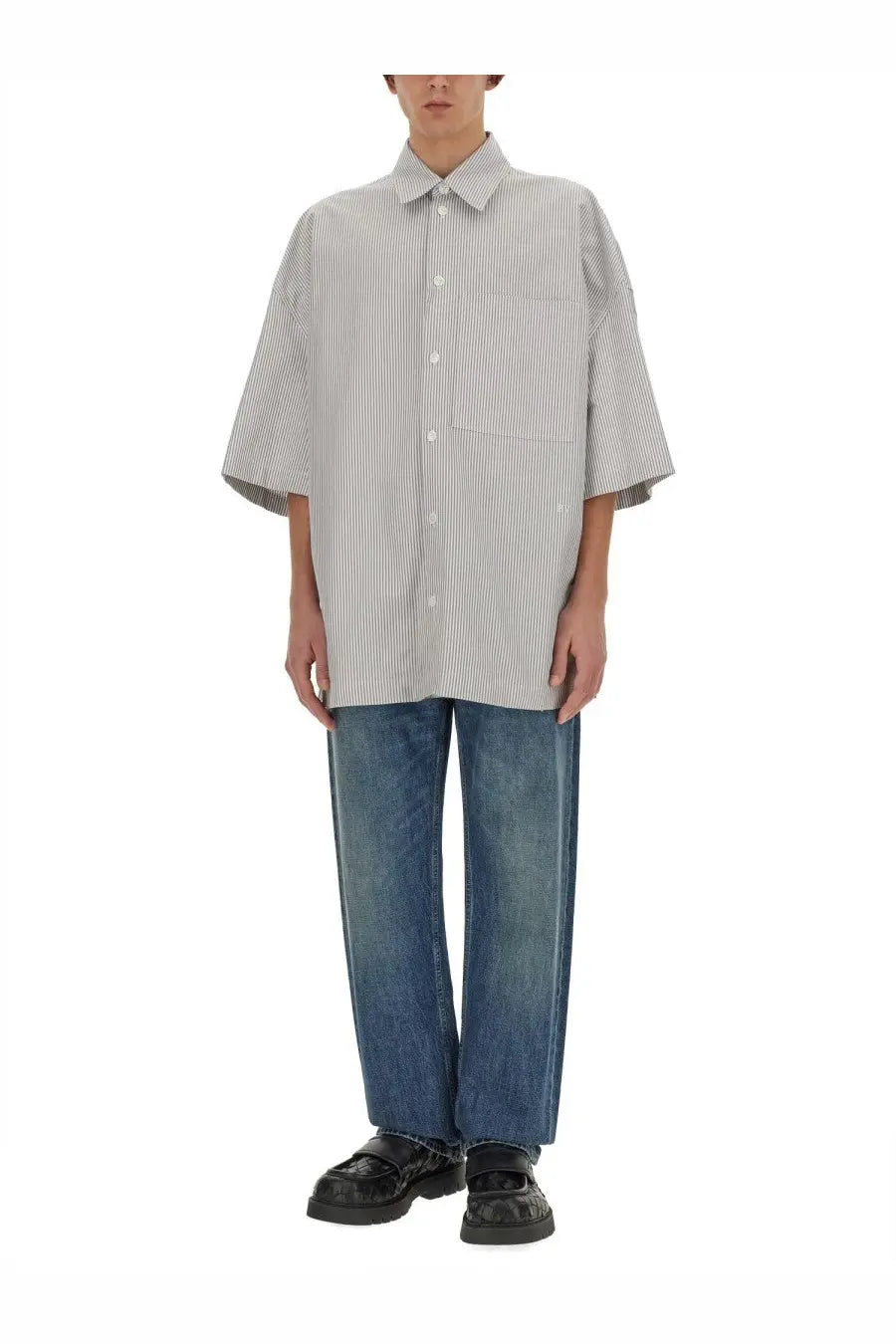 Bottega veneta men’s oversized short-sleeved button-up shirt with gray and white vertical stripes perfect for casual wear