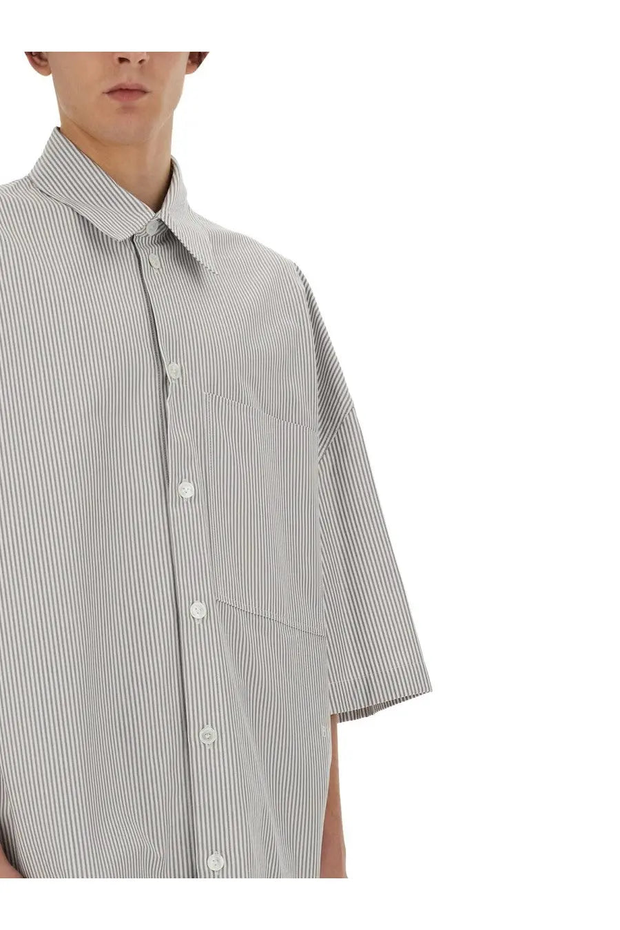Bottega Veneta men’s striped overshirt grey with light gray and white vertical stripes and a classic collar