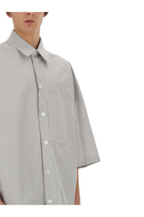 Bottega Veneta men’s striped overshirt grey with light gray and white vertical stripes and a classic collar