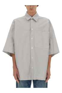 Bottega veneta men’s loose-fitting grey striped overshirt with fine vertical stripes and short sleeves