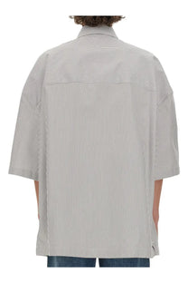Bottega Veneta men’s striped overshirt in light gray and white vertical stripes with loose fit and short sleeves