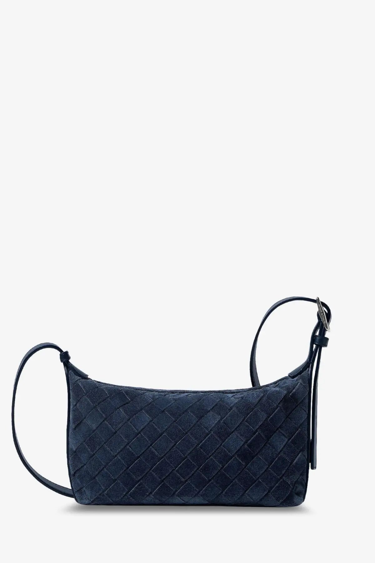 Dark blue woven leather crossbody bag with sleek structured design and adjustable strap for versatile use