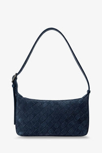 Dark blue woven leather shoulder bag with sleek structured design and adjustable strap by Bottega Veneta