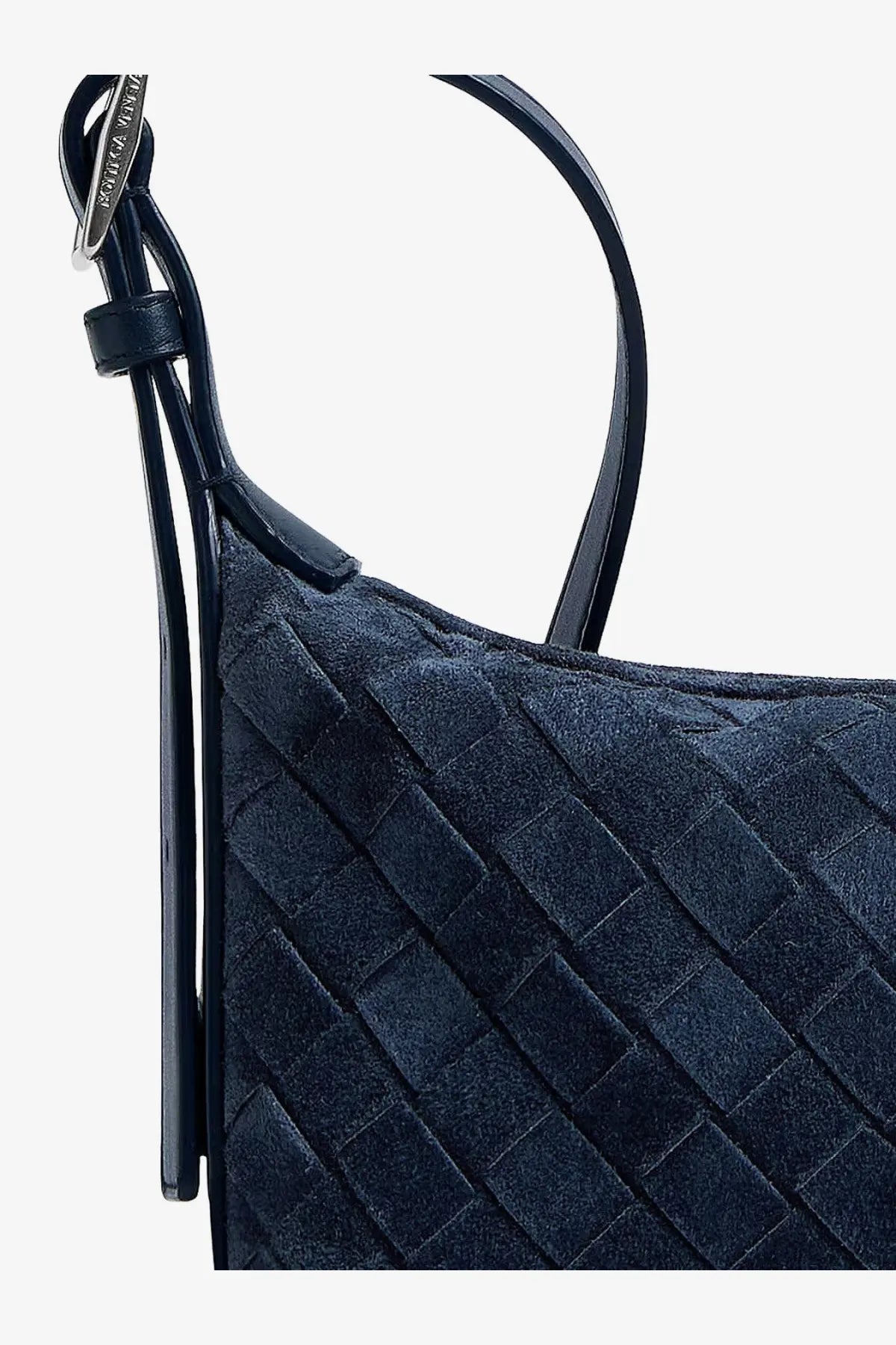 A navy blue bottega veneta intrecciato leather shoulder bag with black leather handle from the men’s traveler collection