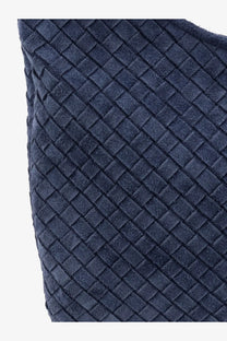 Dark blue suede woven strap with interlaced pattern on bottega veneta men’s veneto suede crossbody bag silver