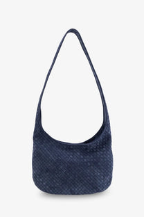 A navy blue woven leather shoulder bag with sleek minimalist design in bottega veneta men’s veneto suede crossbody bag silver