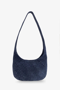 A navy blue woven leather shoulder bag with sleek minimalist design from Bottega Veneta men’s Veneto suede collection